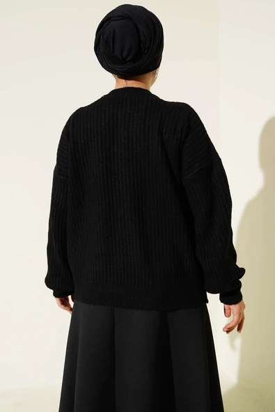 Çizgi Kabartmalı Triko Kazak Siyah - Resim 3