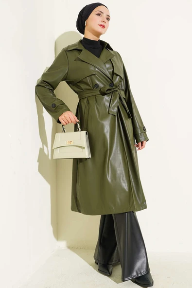 Tek Düğmeli Kuşaklı Deri Trençkot Haki ürün görseli 1