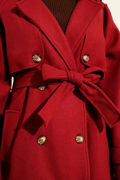 Omuz Apoletli Düğme Detaylı Kaşe Kaban Bordo - Resim 4