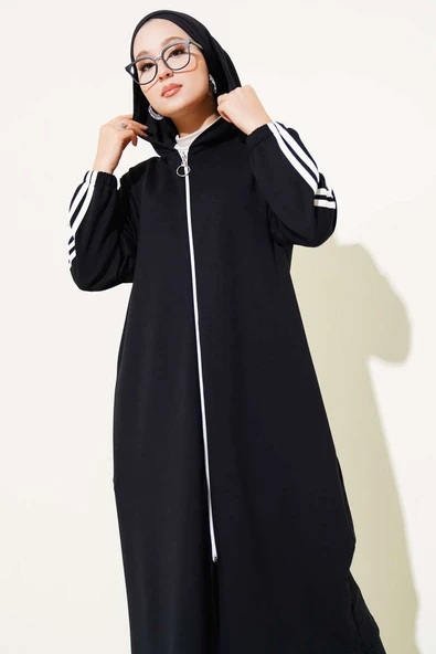 Kapüşonlu Uzun Tunik İkili Takım Siyah - Resim 2