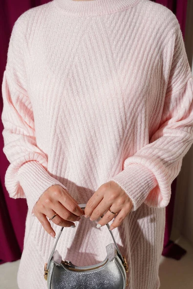 Asimetrik Kabartma Çizgili Triko Tunik Pudra - Resim 4