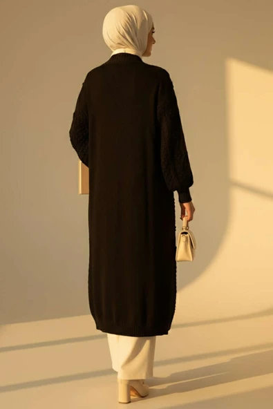 Örgü Kabartma Desenli Uzun Triko Hırka Siyah - Resim 3