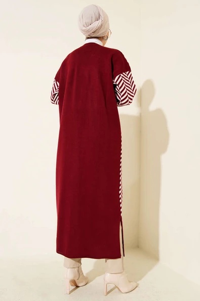 Zikzak Çizgili Desenli Uzun Triko Hırka Bordo - Resim 3