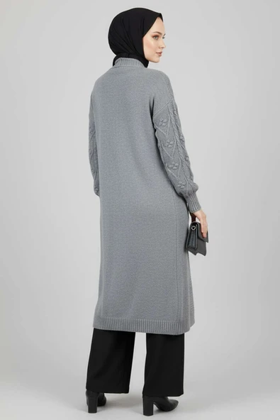 Örgü Kabartma Desenli Uzun Triko Hırka Gri - Resim 3