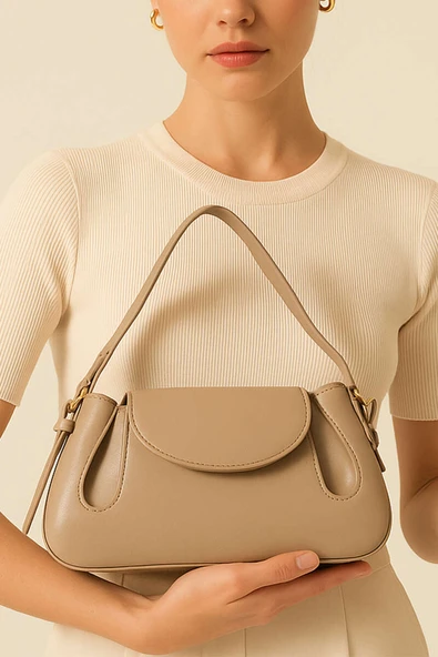 Yan Çıtçıtlı Rugan Çanta Bej ürün görseli 1