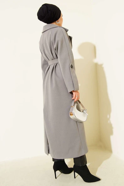 Fitilli Kuşaklı Kaşe Kaban Gri - Resim 3