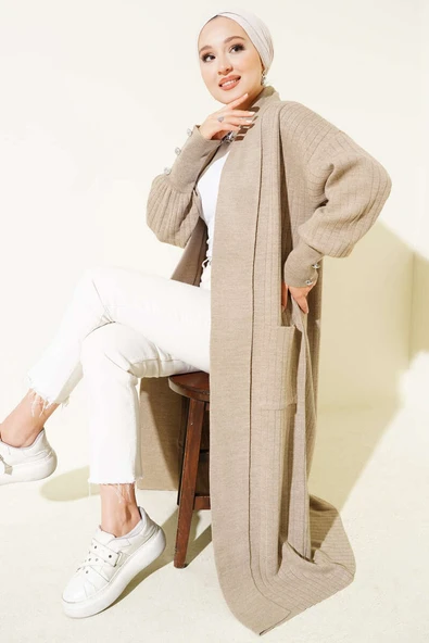 Kol Ucu Düğmeli Şal Yaka Triko Hırka Vizon ürün görseli 1