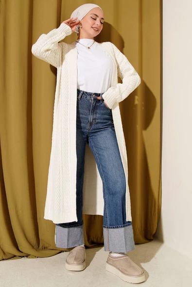 Örgü Büzgülü Uzun Triko Hırka Ekru ürün görseli