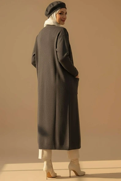 Basic Çift Cepli Uzun Triko Hırka Füme - Resim 3