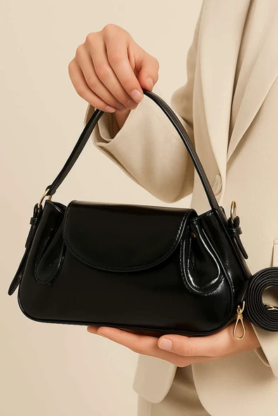 Yan Çıtçıtlı Rugan Çanta Siyah ürün görseli 1