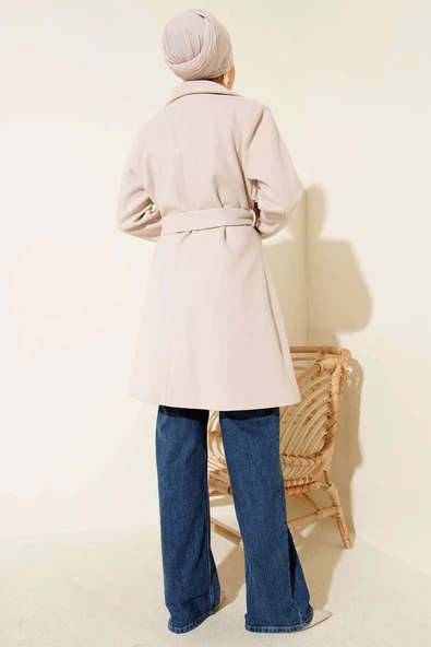 Tek Omuz Apoletli Düğme Detaylı Kaşe Kaban Bej - Resim 3