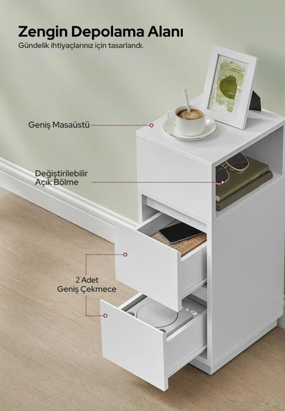 Alve Dar Komodin – 2 Çekmeceli, Değiştirilebilir Açık Bölmeli Yan Sehpa Yatak Odası & Oturma Odası Minimal Tasarım - Resim 4