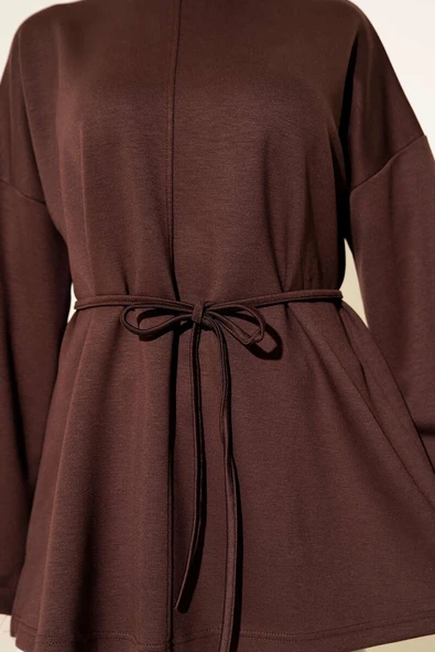 Bisiklet Yaka İp Kuşaklı Tunik Kahve - Resim 4