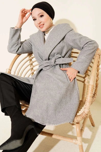 Kapüşonlu Kuşak Detaylı Kaşe Kaban Gri - Resim 2