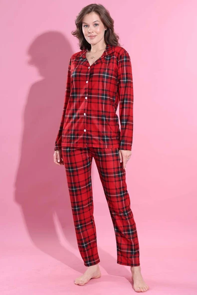 Ekose Desen Düğmeli Süet Pijama Takımı Kırmızı Siyah - Resim 2