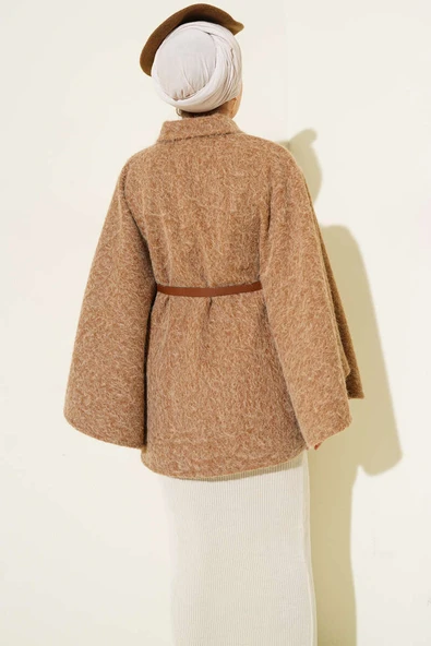 Gömlek Yaka Kemerli Panço Latte - Resim 3