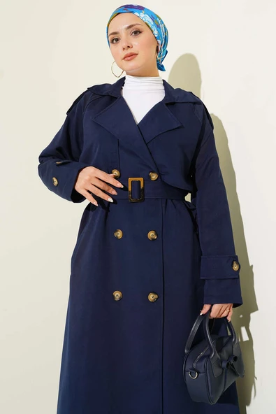 Kruvaze Pelerinli Kuşaklı Trençkot Lacivert - Resim 2