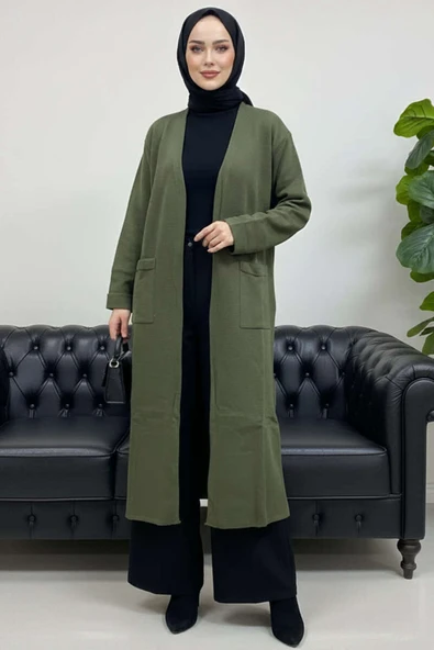 Basic Çift Cepli Uzun Triko Hırka Haki ürün görseli