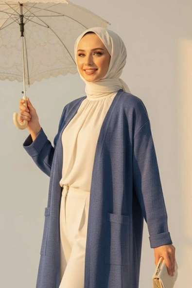 Basic Çift Cepli Uzun Triko Hırka İndigo - Resim 2