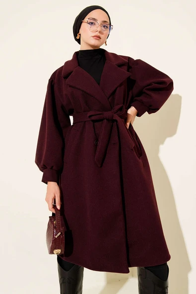 Balon Kol Düğmeli Kaşe Kaban Bordo - Resim 2