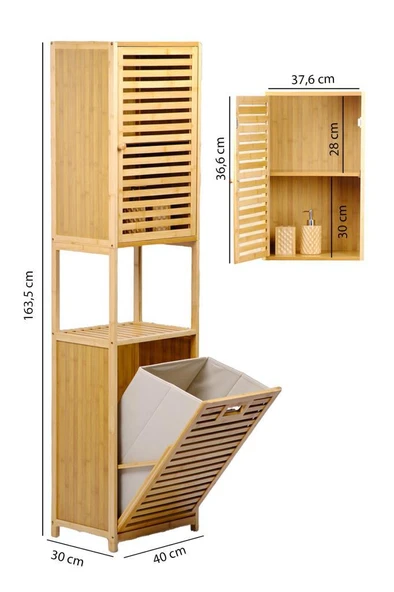 Digithome Bambu Kirli Sepetli 1 Raflı Kapaklı Banyo Dolabı Banyo Düzenleyici Çamaşır Sepeti Organizer DB-0010 - Resim 4