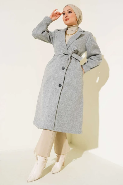 Balon Kollu Uzun Model Melanj Gri Kaşe Kaban - Resim 2