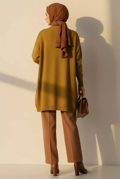 Düşük Kol Detaylı Triko Tunik Yağ Yeşili - Resim 3