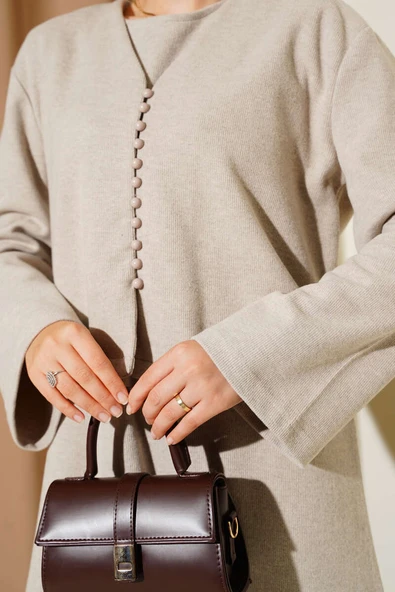 Önü Mini Düğmeli Elbise İkili Takım Taş - Resim 4