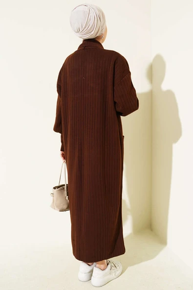 Kol Ucu Düğmeli Şal Yaka Triko Hırka Kahve - Resim 3