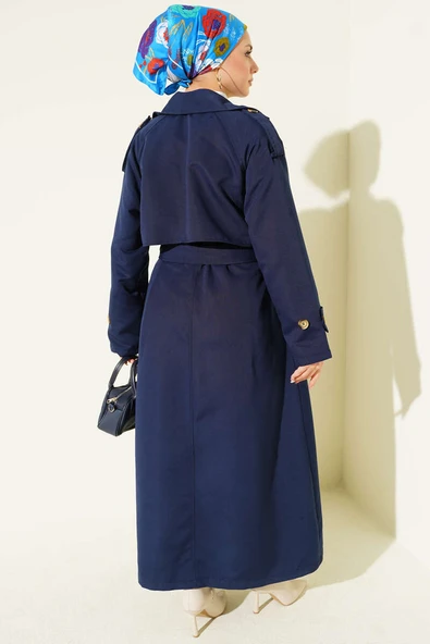 Kruvaze Pelerinli Kuşaklı Trençkot Lacivert - Resim 3