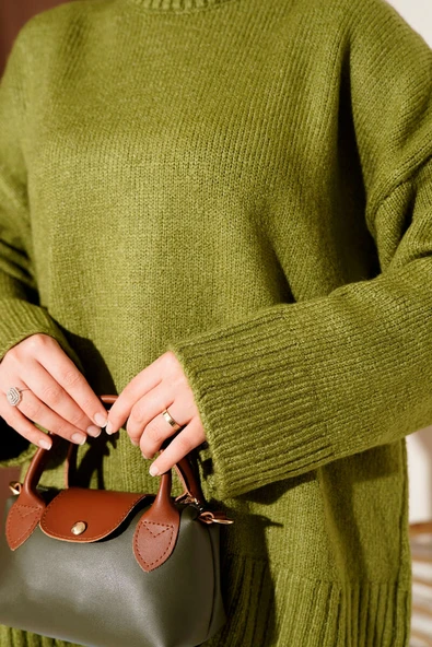 Basic Oversize Triko Tunik Yağ Yeşili - Resim 4