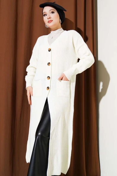 Düğmeli Cepli Uzun Triko Hırka Ekru - Resim 2