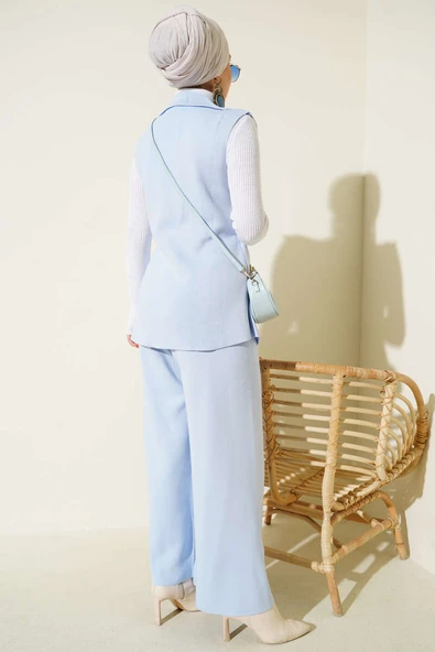 Kruvaze Yelekli İkili Triko Takım Mavi - Resim 3