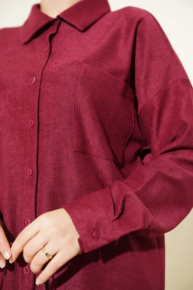 İnce Fitilli Cepli Gömlek İkili Takım Bordo - Resim 4