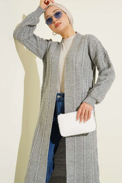 Örgü Büzgülü Uzun Triko Hırka Gri - Resim 2