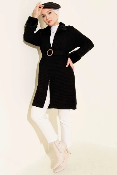 Kürk Detaylı Kemerli Triko Hırka Siyah - Resim 2