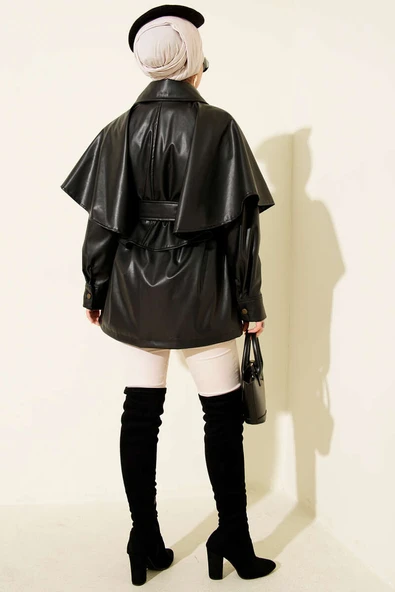 Pelerinli Kemerli Deri Ceket Siyah - Resim 3