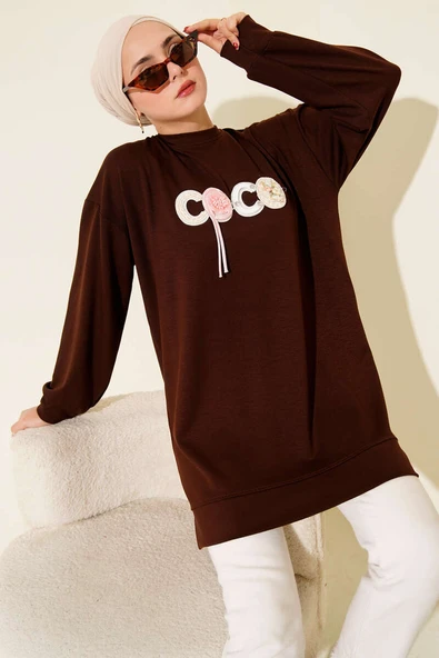 Loyşa Coco Yazı Süslemeli Tunik Kahve ürün görseli