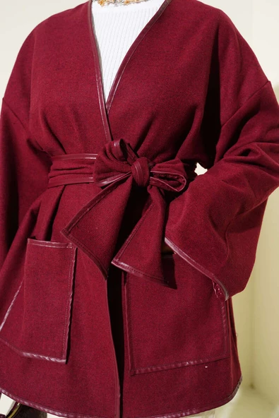 Deri Biyeli Cepli Ceket Bordo - Resim 4