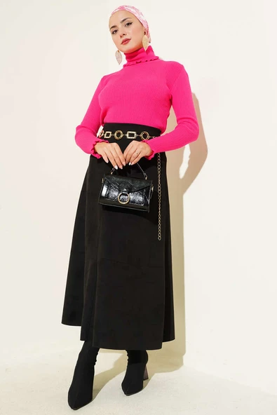 Balıkçı Yaka Fırfırlı Triko Kazak Pembe - Resim 2