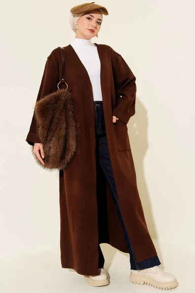 Basic Çift Cepli Uzun Triko Hırka Kahve ürün görseli