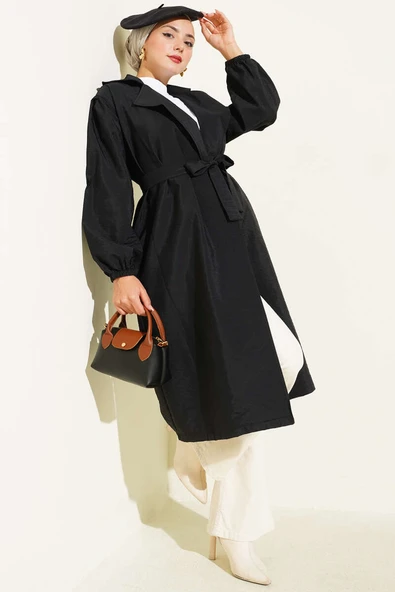 Kruvaze Yaka Balon Kol Kuşaklı Trençkot Siyah ürün görseli 1