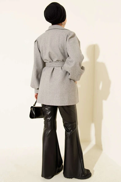 Balon Kol Kuşaklı Kısa Kaban Gri - Resim 3