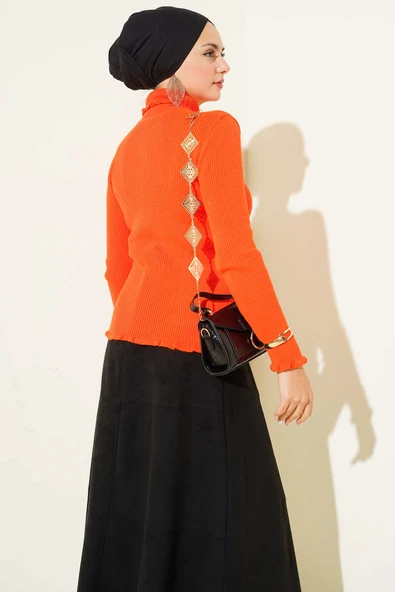 Balıkçı Yaka Fırfırlı Triko Kazak Oranj - Resim 3