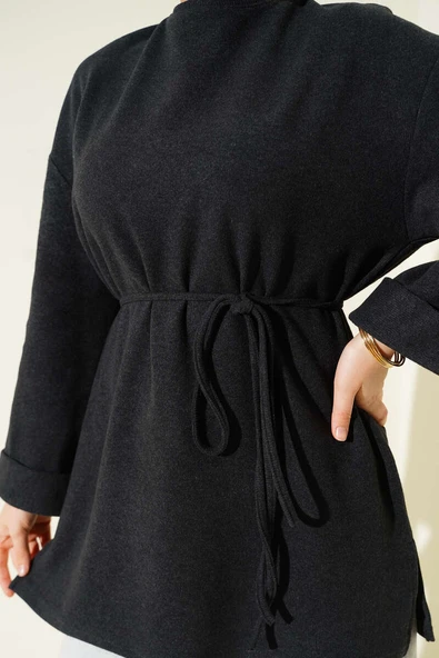 İp Bağlamalı Fitilli Kaşe Tunik Antrasit - Resim 4