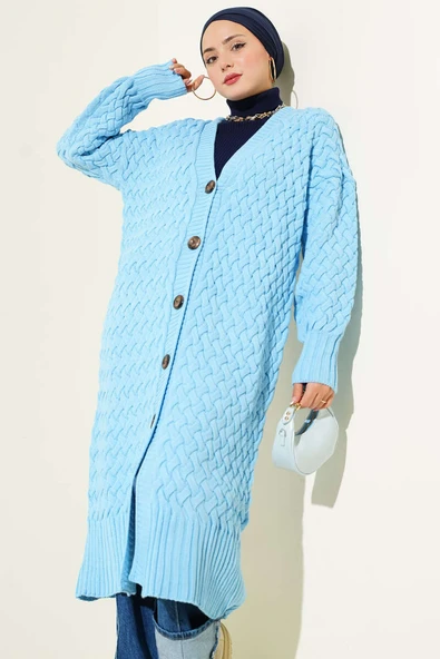 Boydan Düğmeli Sepet Örgü Uzun Hırka Gök Mavisi - Resim 2