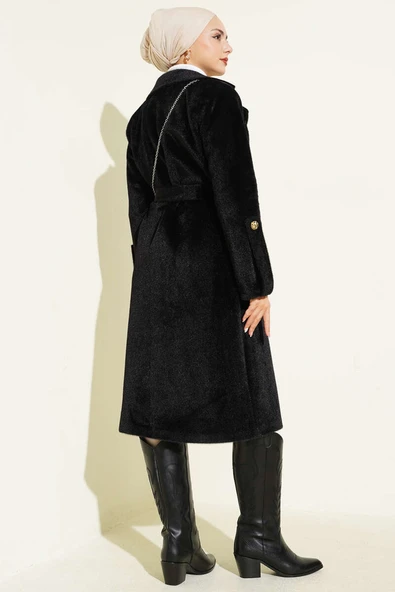 Bilek Apoletli Kuşaklı Tay Tüyü Kaban Siyah - Resim 3