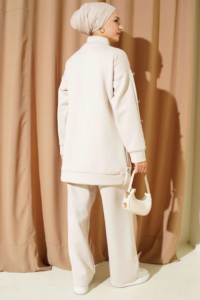 Metal Düğmeli Fermuarlı Scuba İkili Takım Bej - Resim 3