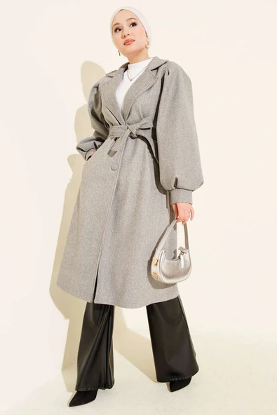 Kruvaze Yaka Balon Kol Kuşaklı Kaşe Kaban Gri - Resim 2