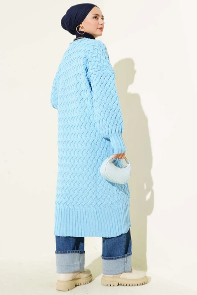 Boydan Düğmeli Sepet Örgü Uzun Hırka Gök Mavisi - Resim 3